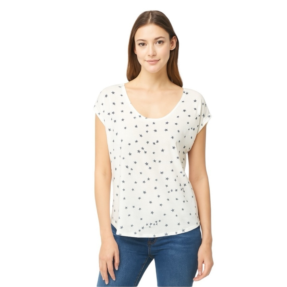 ZARA White Black Star Novelty Print Short Sleeve Relaxed Fit Casual Top Size M